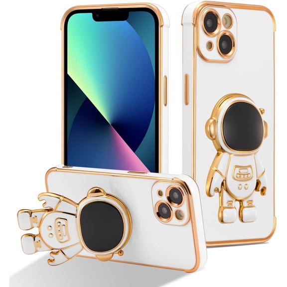 for iPhone 15 Case Cute 6D Astronaut Phone Case with Stand Luxury Plating Case Cover Slim Fit Shockproof Bumper Protective Electroplated Case for iPhone 15 6.1 inch,White
