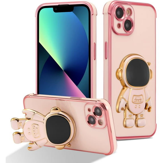 for iPhone 15 Case Cute 6D Astronaut Phone Case with Stand Luxury Plating Case Cover Slim Fit Shockproof Bumper Protective Electroplated Case for iPhone 15 6.1 inch,Pink