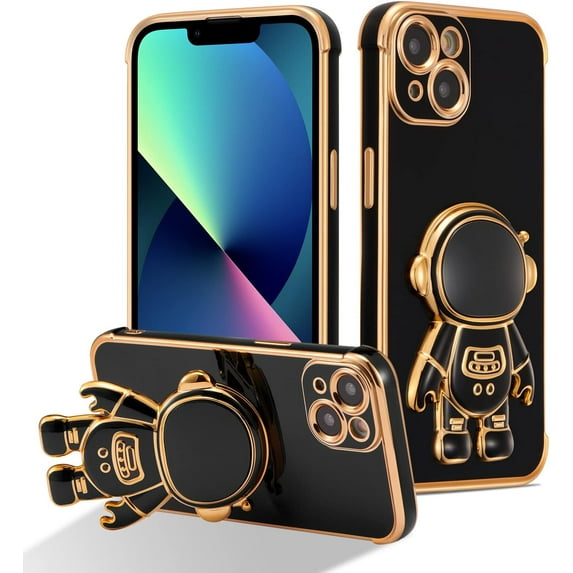for iPhone 15 Case Cute 6D Astronaut Phone Case with Stand Luxury Plating Case Cover Slim Fit Shockproof Bumper Protective Electroplated Case for iPhone 15 6.1 inch,Black