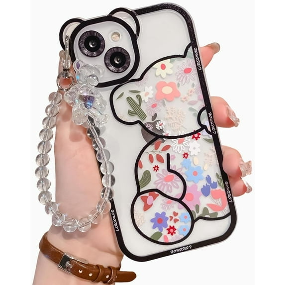 iPhone 15 Case with Cute Flowers Bear Pattern, Camera Protector, Clear Case and Lovely Strap Bracelet Chain, Compatible for iPhone 15 for Girls Women (Black)