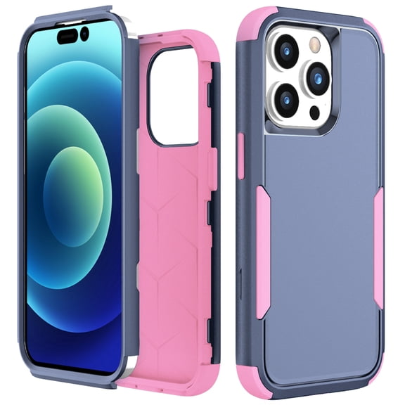 for iPhone 15 Case, Defender Case Compatible with iPhone 15 Case, Hybrid Heavy Duty Military Grade Full-Body Drop Shockproof Dustproof 3-Layers Rugged Protective Phone Cover, 
Blue+Pink