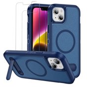 for iPhone 15 Case,Dual Layer With Kickstand Compatible For MagSafe,2 PCS Screen Protector,Military Shockproof Matte PC with Soft Edges Phone Cover For iPhone 15 6.1"Navy Blue