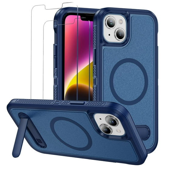 for iPhone 15 Case,Dual Layer With Kickstand Compatible For MagSafe,2 PCS Screen Protector,Military Shockproof Matte PC with Soft Edges Phone Cover For iPhone 15 6.1"(Navy Blue)