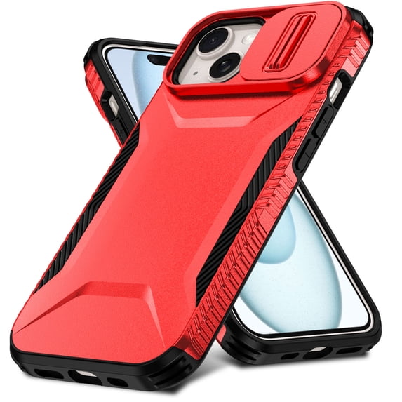 for iPhone 15 Case: Dual Layer Protective Heavy Duty Camera Lens Slide Cover Shockproof Rugged - Military Protection Bumper Tough Grip Phone Case For iPhone 15,Red