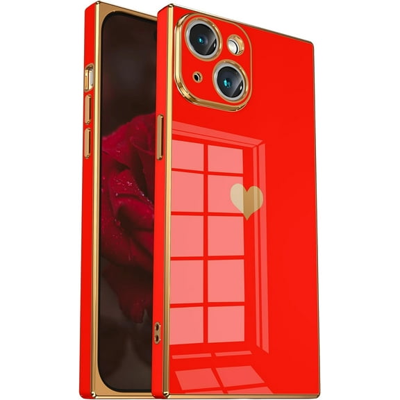 iPhone 15 Case【Full Cameratection】 Cute Heart Pattern & Electroplate Reinforced Corners Shockproof Edge Bumper Case 2023 [6.1 inches]-Red