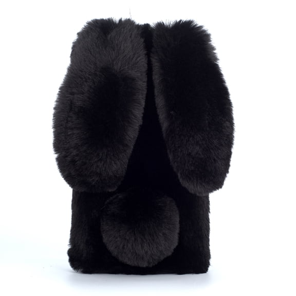 for iPhone 15 Case for Girls, Luxury Women Cute Toy Warm Furry Fuzzy Soft Rabbit Ear Faux Fur Hair Plush Diamond Camera Frame Warm Winter Skin Case Cover for iPhone 15, Black
