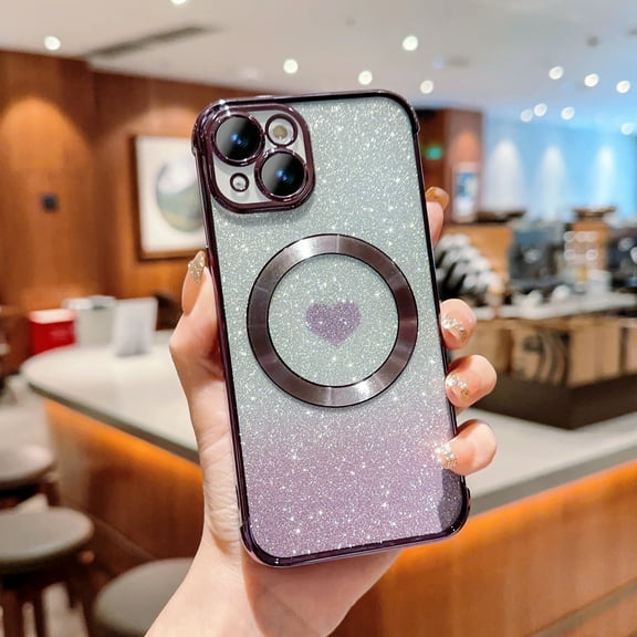 for iPhone 15 Case Glitter, Clear Magnetic Cases with Luxury Love Heart Pattern [Compatible with MagSafe] Bling Sparkle Plating Soft TPU Slim Shockproof Gradient Cover Women Girls,Darkpurple