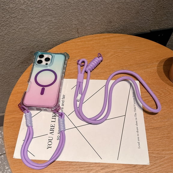 for iPhone 15 Case, Gradient Color Clear PC+TPU Shock-Resistant Anti-Scratch Lightweight Non-Slip Magnetic Drop Protective Slim Thin Cover with Wrist Strap + Shoulder Strap, Bluepurple