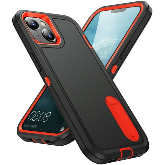 for iPhone 15 Case with Kickstand, [10FT Military Drop Protection] Rugged Heavy Duty Hard PC+Soft Silicone Rubber Bumper Hybrid Triple-Layer Case for iPhone 15, Black+Orange