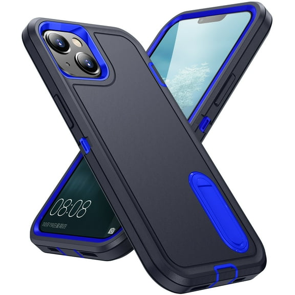for iPhone 15 Case with Kickstand, [10FT Military Drop Protection] Rugged Heavy Duty Hard PC+Soft Silicone Rubber Bumper Hybrid Triple-Layer Case for iPhone 15, Darkblue+Royalblue