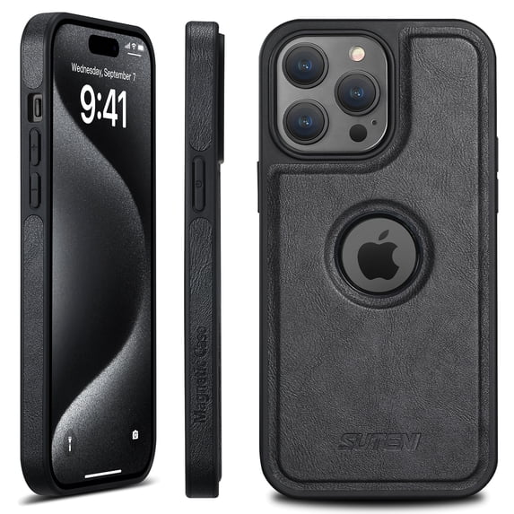 For iPhone 15 Case Leather, 2 in 1 Detachable,Compatible with MagSafe,with Card Holder, PU Leather Kickstand Logo View Design Card Slots Case 6.1" for Women Men,Black