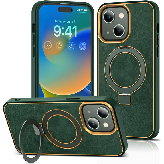 for iPhone 15 Case Leather Business iPhone 15 Case with Magnetic Invisible Ring Stand Compatible with Mag-Safe Military Grade Protection Classic Luxury Slim Phone Cases for Women Men,Green