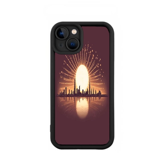 iPhone 15 Case - Lightweight Yellowing Resistant with Stunning City Skyline Reflection Design Radiant Sun & Deep Maroon Sky - Perfect Fit for iPhone 15