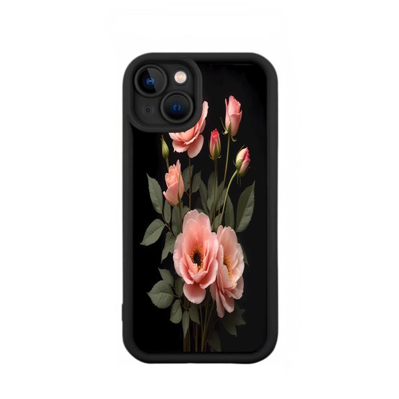 iPhone 15 Case - Lightweight Yellowing Resistant with Elegant Black Floral Design Featuring Pink Roses and Green Leaves