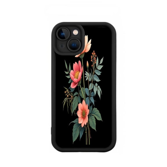 iPhone 15 Case - Lightweight Yellowing Resistant with Elegant Floral Design: Pink & Orange Flowers on Black Background
