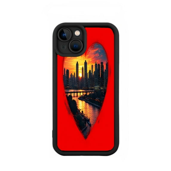 iPhone 15 Case - Lightweight & Yellowing Resistant with Vibrant Sunset City Skyline Design Heart - Shaped Cutout Perfect for Urban Aesthetics