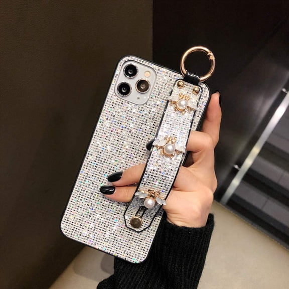 for iPhone 15 Case Luxury Hand Strap Phone Case Bling Stand Holder Cute Glitter Pearl Bee Wrist Bracket Shockproof Bumper for Woman Girls Protective Cover Case for iPhone 15, 6.1 Inch, Silver