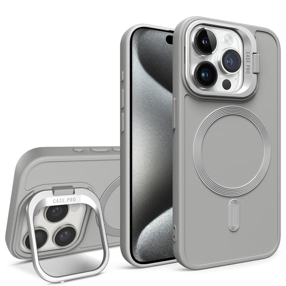 iPhone 15 Case Magnetic, Compatible with Magsafe & Car Mount Camera Lens Kickstand Drop Protection Shockproof Anti-Scratch Rugged Phone Case for Apple iPhone 15, Gray