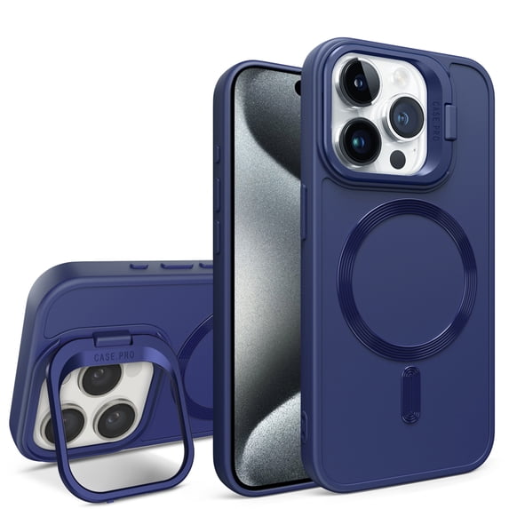 iPhone 15 Case Magnetic, Compatible with Magsafe & Car Mount Camera Lens Kickstand Drop Protection Shockproof Anti-Scratch Rugged Phone Case for Apple iPhone 15, Darkblue