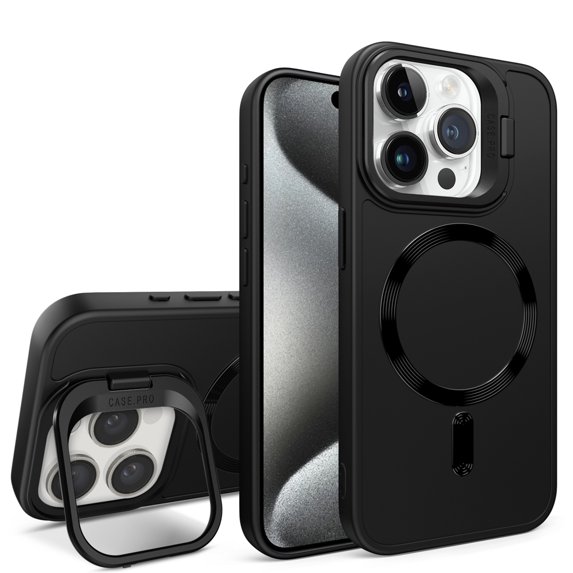 iPhone 15 Case Magnetic, Compatible with Magsafe & Car Mount Camera Lens Kickstand Drop Protection Shockproof Anti-Scratch Rugged Phone Case for Apple iPhone 15, Black
