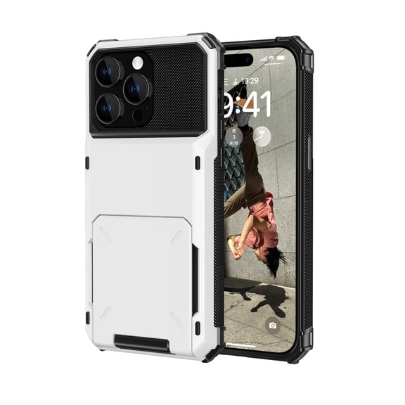 iPhone 15 Case, Mantto Wallet Cover 5 Credit Card Slots Holder Flip Hidden Rugged Dual Layer PC & TPU 2 in 1 Protection Hybrid Tough Back Armor Phone Skin For Apple iPhone 15, White