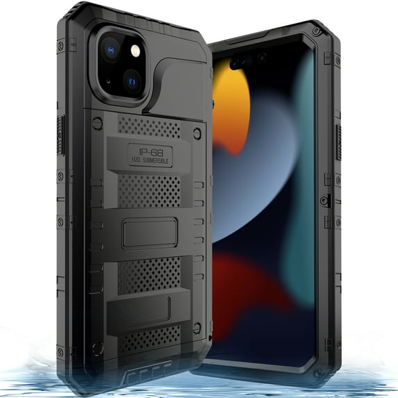 for iPhone 15 Case, Military Grade IP68 Waterproof Dustproof Shockproof Full Body Sealed Underwater Case with Built-in Screen Protector Heavy Duty Metal Rugged Defender Phone Case,Black