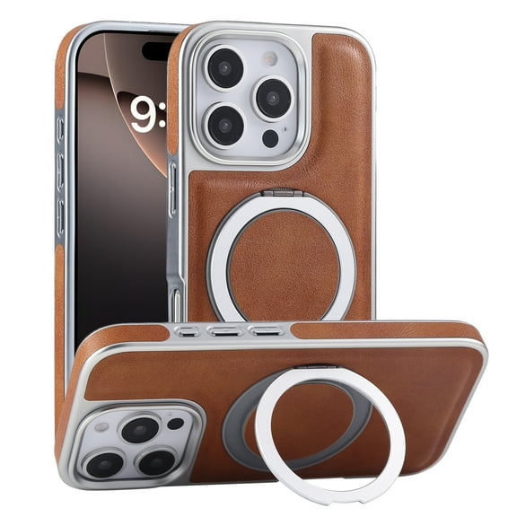 for iPhone 15 Case, Plating PU Leather Magnetic Mag-Safe Phone Case with Built-in 360° Rotatable Ring Stand Shockproof Protective Kickstand Phone Case for iPhone 15, Brown