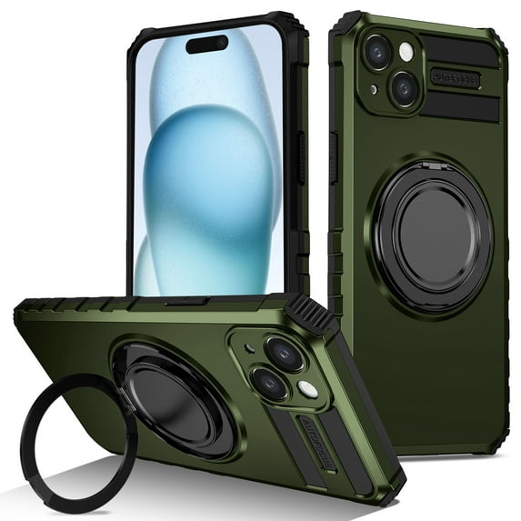 For iPhone 15 Case with Ring Stand,360°Rotatable Ring Holder Magnetic Kickstand,2-Layer Full Body Heavy Duty Shockproof Rugged,Non-Slip Protective Phone Case for iPhone 15,Darkgreen