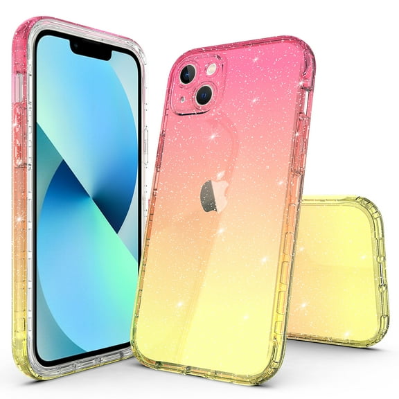 iPhone 15 Case, Rosebono Hybrid Glitter Sparkle Transparent Colorful Gradient Skin Cover Case For iPhone 15 (Gold/Pink)