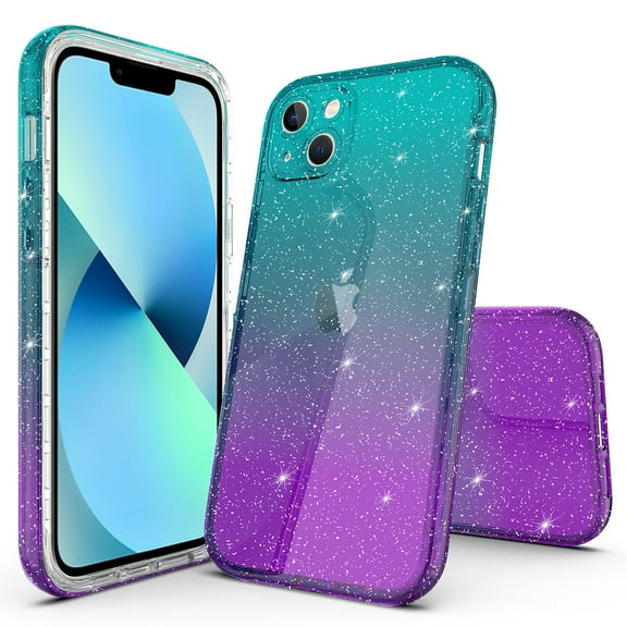 iPhone 15 Case, Rosebono Hybrid Glitter Sparkle Transparent Colorful Gradient Skin Cover Case For iPhone 15 (Teal/Purple)