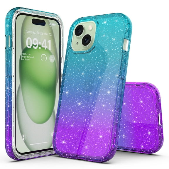 iPhone 15 Case, Rosebono Hybrid Glitter Sparkle Transparent Colorful Gradient Skin Cover Case For iPhone 15 (Teal/Purple)