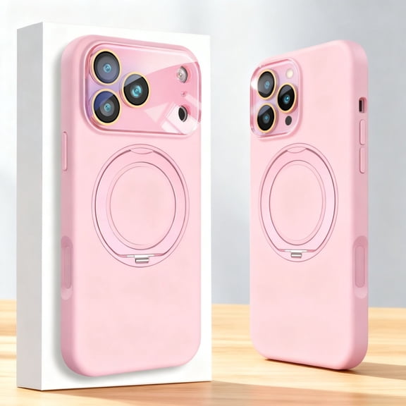 for iPhone 15 Case with Rotated Ring Holder Stand, Support Wireless Charging, Camera Lens Protector, Shockproof Slim Hybrid PC Liquid Silicone Phone Case for iPhone 15, Pink