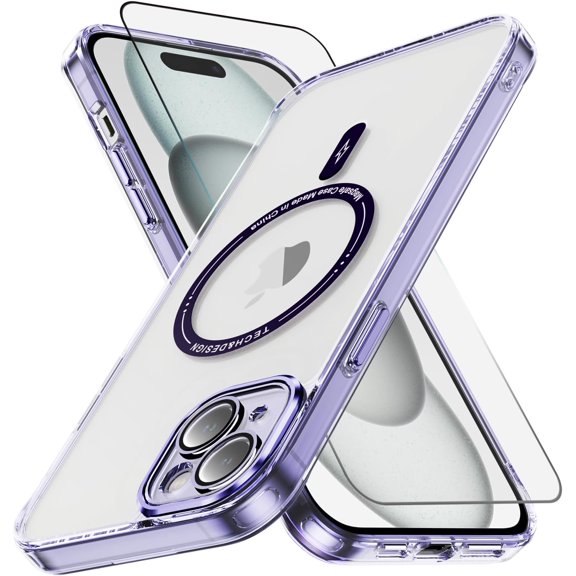 for iPhone 15 Case with Screen Protector [Compatible with MagSafe][Magnetic Clear Trasparent Design] [Anti Yellowing Anti Slip] Cute Protective Mag Safe Bumper CoverViolet