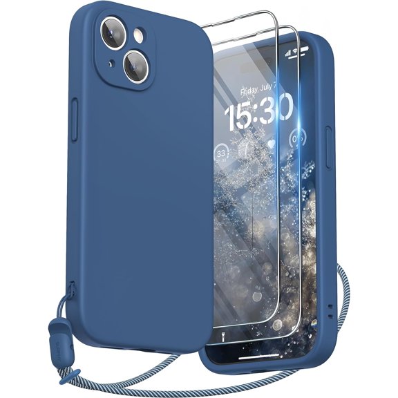 for iPhone 15 Case with Screen Protector and Lanyard, Phone Strap and Liquid Silicone Phone Case (Camera Protective + Soft Microfiber Lining) 6.1 inch 2023, Blue Jay