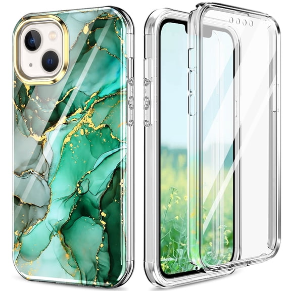 iPhone 15 Case with Screen Protector, [Wireless Charging] Shockproof Drop Protection Dual Layer Rugged Hybid Back Cover with TPU Impact Resistant Bumper for Apple 15 2023,Alpine Green Marble