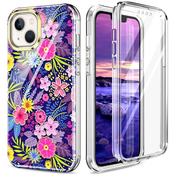 iPhone 15 Case with Screen Protector, [Wireless Charging] Shockproof Drop Protection Dual Layer Rugged Hybid Back Cover with TPU Impact Resistant Bumper for Apple 15 (2023), Purple Flower