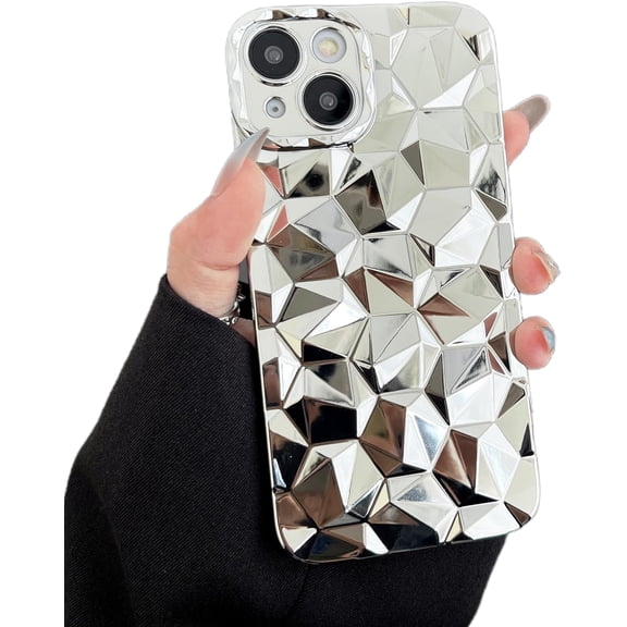 for iPhone 15 Case Silver, Electroplate Chrome Plating Diamond Lattice Pattern Glitter Glossy Soft TPU Shockproof Protective Slim fit Flexible Phone Case (Silver, iPhone 15)