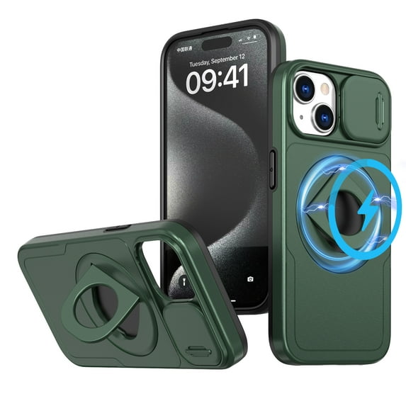 for iPhone 15 Case with Sliding Camera Cover, Compatible with MagSafe Built-in 360° Rotatable Invisible Kickstand Military Grade Shockproof Protective Magnetic Phone Case, Darkgreen