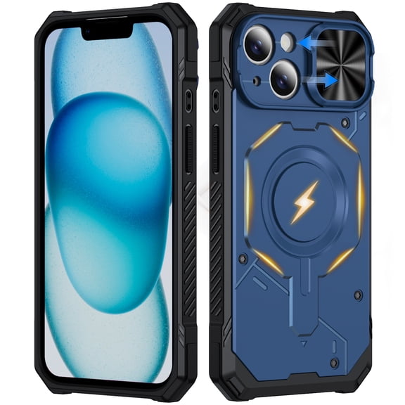 for iPhone 15 Case with Sliding Camera Cover, Compatible with MagSafe, Rugged Shockproof Bumper Cases Heavy-Duty Magnetic Protective Phone Cover for iPhone 15, Blue