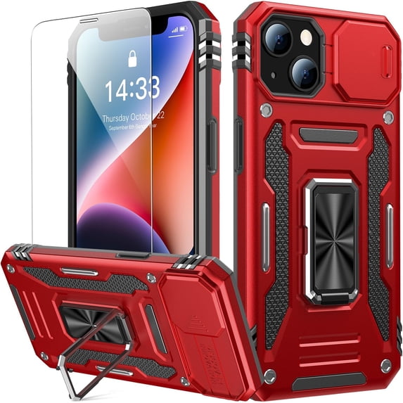 for iPhone 15 Case with Sliding Camera Cover + Screen Protector - Metal Magnetic Kickstand - Military-Grade Shockproof Matte Protective Phone Cover 6.1" for Women Girls - Red