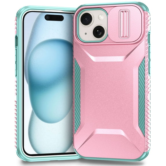 for iPhone 15 Case with Sliding Camera Lens Cover, Shockproof Rugged Hard PC Back & TPU Edge Military Grade Dual-Layers Protection Non-Slip Phone Case for iPhone 15, Rosegold