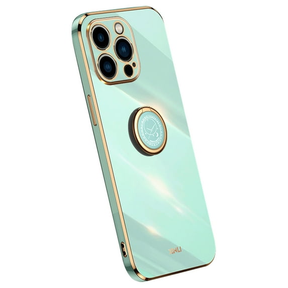 for iPhone 15 Case with Stand Rotatable Ring Holder Kickstand Gold Plating Slim Cover for Women Men Anti-Scratch Shockproof Protective Phone Case for iPhone 15, Green