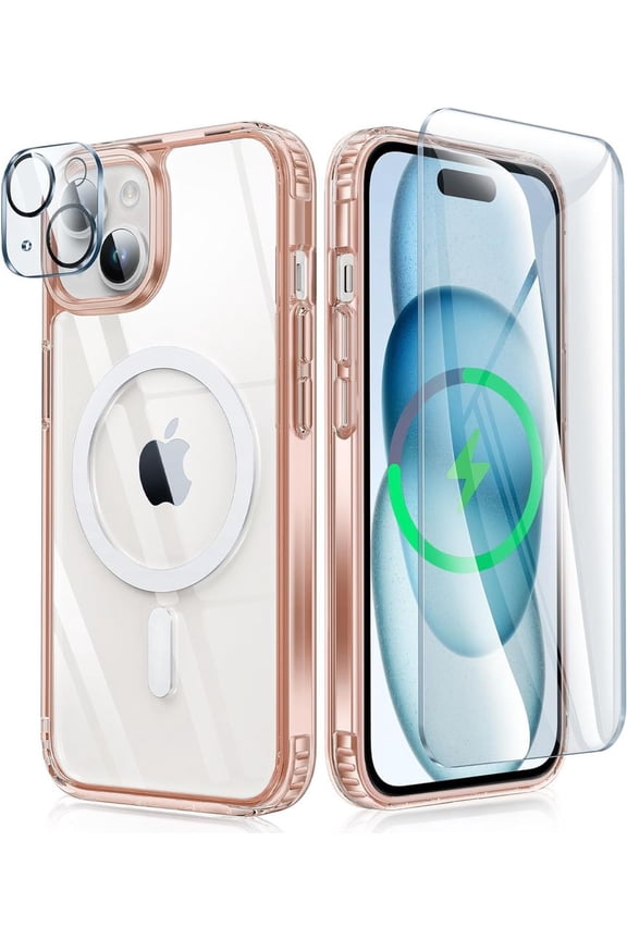 iPhone 15 Case: Support Magnetic Charging Military Grade Drop Protection Anti Yellowing Cell Phone Cover - Rugged Durable Shockproof Protective Bumper - 6.1 Inch (Pink Clear)
