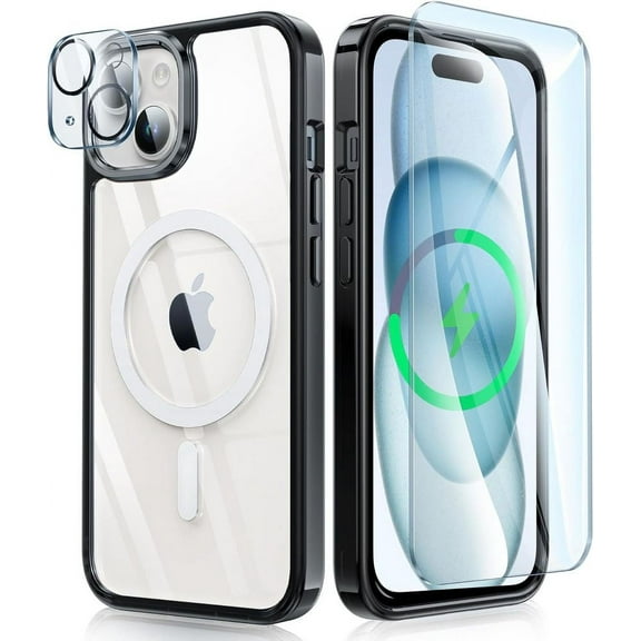 iPhone 15 Case: Support Magnetic Charging Military Grade Drop Protection Anti Yellowing Cell Phone Cover - Rugged Durable Shockproof Protective Bumper - 6.1 Inch (Black)