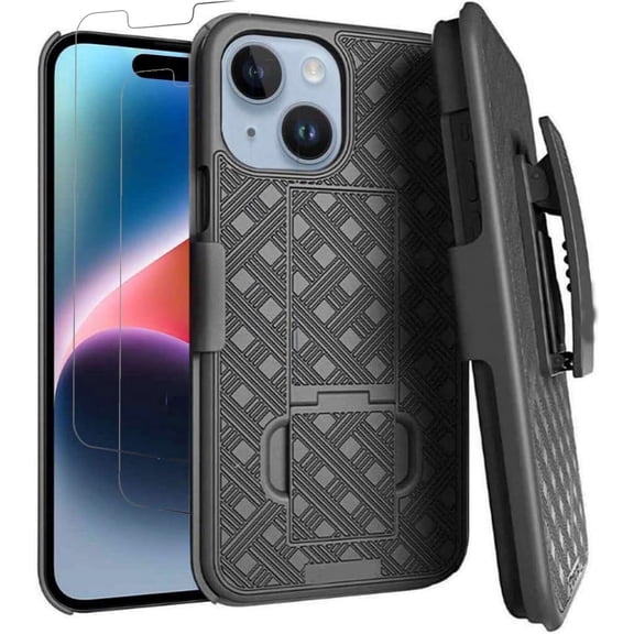 for iPhone 15 Case with Tempered Glass Screen Protector(2pcs)Belt Clip Holster Rugged Combo Armor Shell Kickstand Swivel Shockproof Cover For iPhone 15 6.1"(Black)