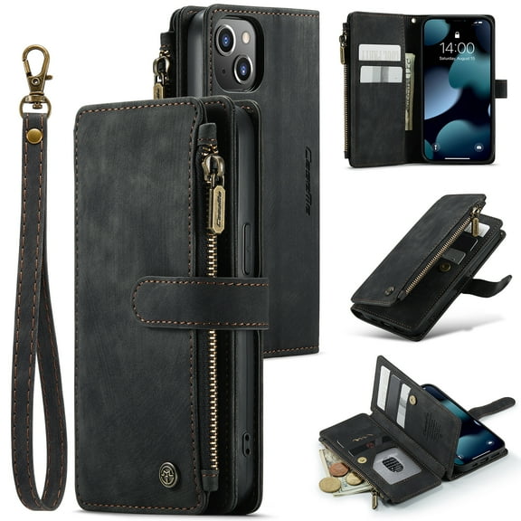 for iPhone 15 Case, Wallet Case with Card Holder Kickstand Magnetic Zipper Pocket Lanyard Strap Wristlet, Leather Flip Case Wallet for iPhone 15, Black