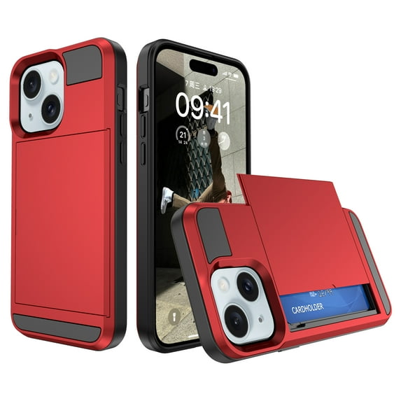 for iPhone 15 Case Wallet Credit Card Holder ID Slot Sliding Door Hidden Pocket Men Anti-Scratch Dual Layer Hybrid Bumper Armor Protective Shell Back Cover For iPhone 15, Red