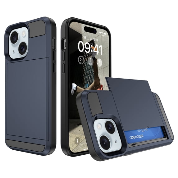 for iPhone 15 Case Wallet Credit Card Holder ID Slot Sliding Door Hidden Pocket Men Anti-Scratch Dual Layer Hybrid Bumper Armor Protective Shell Back Cover For iPhone 15, Darkblue