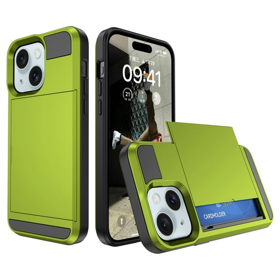 for iPhone 15 Case Wallet Credit Card Holder ID Slot Sliding Door Hidden Pocket Men Anti-Scratch Dual Layer Hybrid Bumper Armor Protective Shell Back Cover For iPhone 15, Green