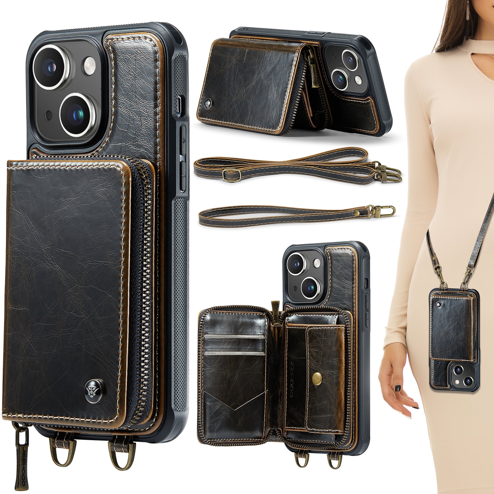 For IPhone 13 Wallet Case, Multiple Cards Holder Crossbody Shoulder Strap Ring Holder Kickstand Premium PU Leather Shockproof Lightweight Phone Case - View #8